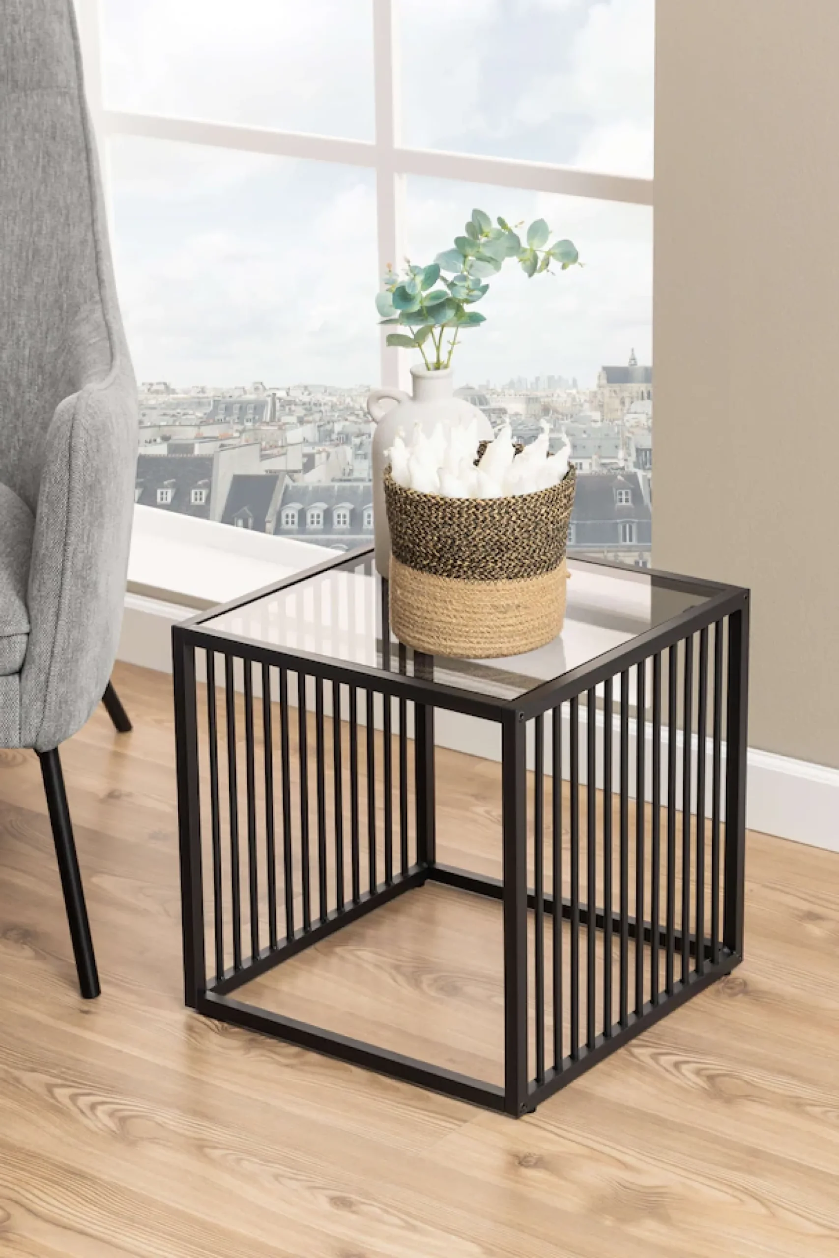 ACTONA GROUP Beistelltisch »Strington, robuster Ecktisch im skandinavischem Design, robust« Ecktisch, Glas, pflegeleicht, vertikalen Metalllamellen, H: 63 cm