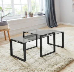 ACTONA GROUP Couchtisch »Karolina« Set, 2 Stk. tlg. aus rauchfarbigen Glas und schönem pulverbeschichtetem Metallgestell