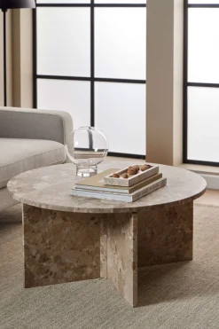ACTONA GROUP Couchtisch »Vega« Couchtisch, und V-förmig Gestell matt Latte lackiert Marmor, Ø90x42 cm