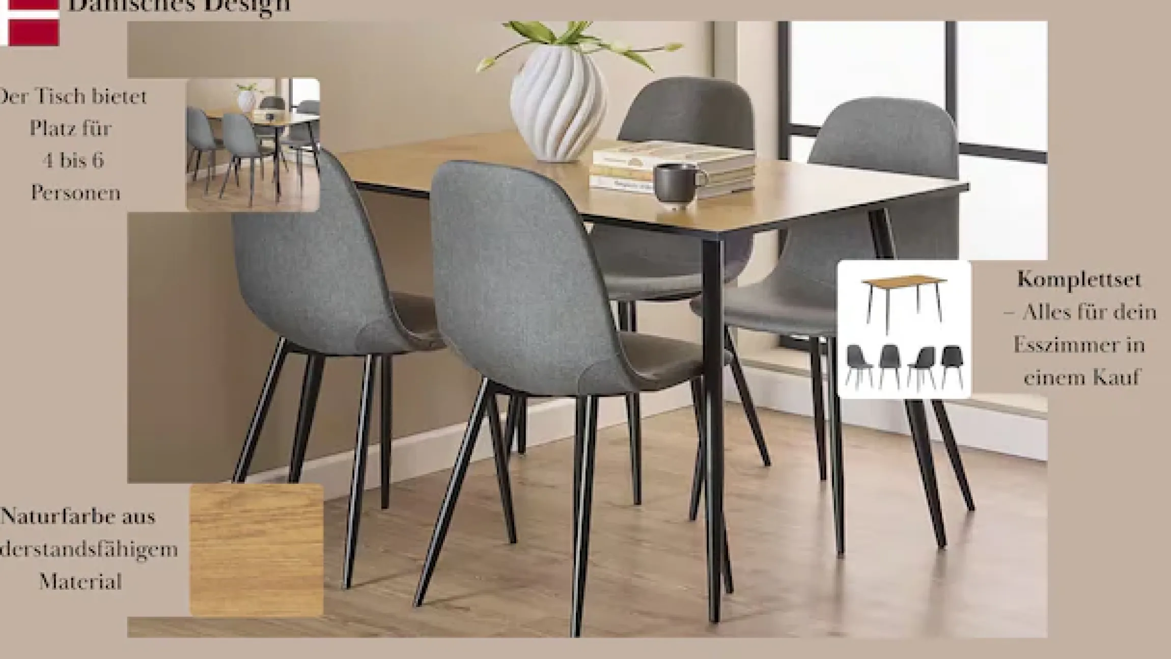 ACTONA GROUP Esszimmer-Set »Essgruppe, Esstisch mit Stühlen, für das Esszimmer« Komplett-Set, 1x Tisch + 4x Stuhle, 5 Stk. tlg.