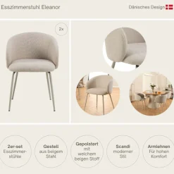 ACTONA GROUP Esszimmerstuhl »Eleanor 2er Set, gepolstert mit Armlehne, bequem, modern, beige« (Set) Skandinavisches Design, hoher Sitzkomfort & weicher Stoff
