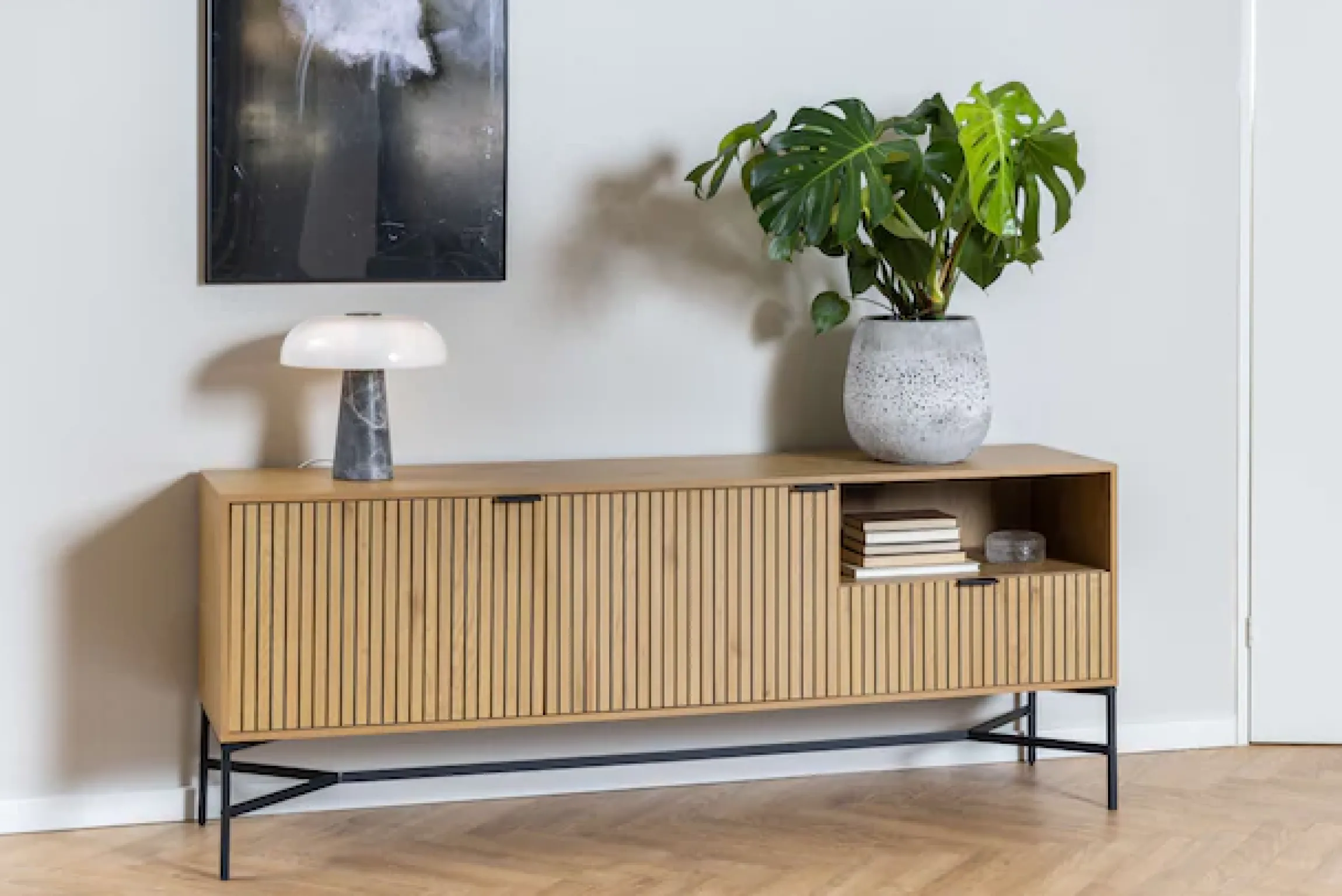 ACTONA GROUP Sideboard »Jaipur Anrichte, Kommode,« Eiche-Optik, 2 Türen, 2 Einlegeböden, Lamellenfront