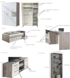 arthur berndt Jugendzimmer-Set »Jugendzimmer-Set »Bente« 5-teilig« 5tlg -Schrank, Bett, Schreibtisch, Sideboard, Standregal, 5 tlg. Stauraumstark, pflegeleicht, zeitlos, Made in Germany
