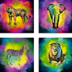 Artland Leinwandbild »Farbexplosion Elefant Löwe Zebra Tiger« Wildtiere 4 Stk. tlg. 4er Set, verschiedene Größen