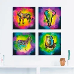 Artland Leinwandbild »Farbexplosion Elefant Löwe Zebra Tiger« Wildtiere 4 Stk. tlg. 4er Set, verschiedene Größen