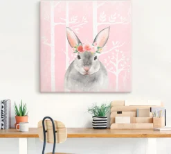 Artland Leinwandbild »Hase mit Blumen im pink Wald« Tiere 1 Stk. tlg. auf Holzrahmen gespannt