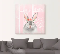 Artland Leinwandbild »Hase mit Blumen im pink Wald« Tiere 1 Stk. tlg. auf Holzrahmen gespannt