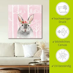 Artland Leinwandbild »Hase mit Blumen im pink Wald« Tiere 1 Stk. tlg. auf Holzrahmen gespannt
