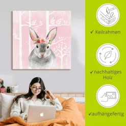 Artland Leinwandbild »Hase mit Blumen im pink Wald« Tiere 1 Stk. tlg. auf Holzrahmen gespannt