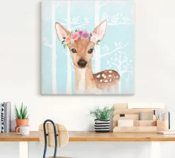 Artland Leinwandbild »Wild Reh mit Blumen im blauen Wald« Tiere 1 Stk. tlg. auf Holzrahmen gespannt