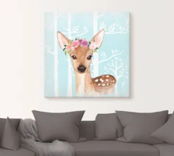 Artland Leinwandbild »Wild Reh mit Blumen im blauen Wald« Tiere 1 Stk. tlg. auf Holzrahmen gespannt