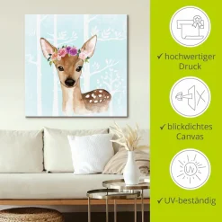Artland Leinwandbild »Wild Reh mit Blumen im blauen Wald« Tiere 1 Stk. tlg. auf Holzrahmen gespannt
