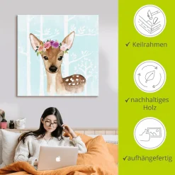 Artland Leinwandbild »Wild Reh mit Blumen im blauen Wald« Tiere 1 Stk. tlg. auf Holzrahmen gespannt