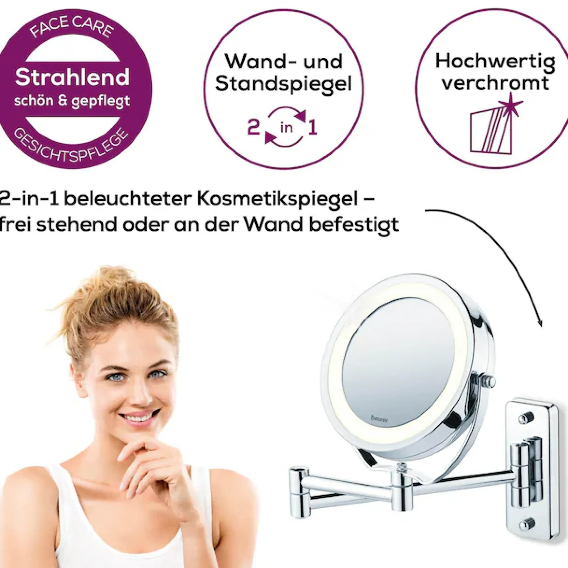 BEURER Kosmetikspiegel »BS 59 Kosmetikspiegel, inkl. Schrauben zur Wandmontage« Beleuchtung durch 12 LEDs, 5-fach Vergrößerung, 11 cm Spiegelfläche