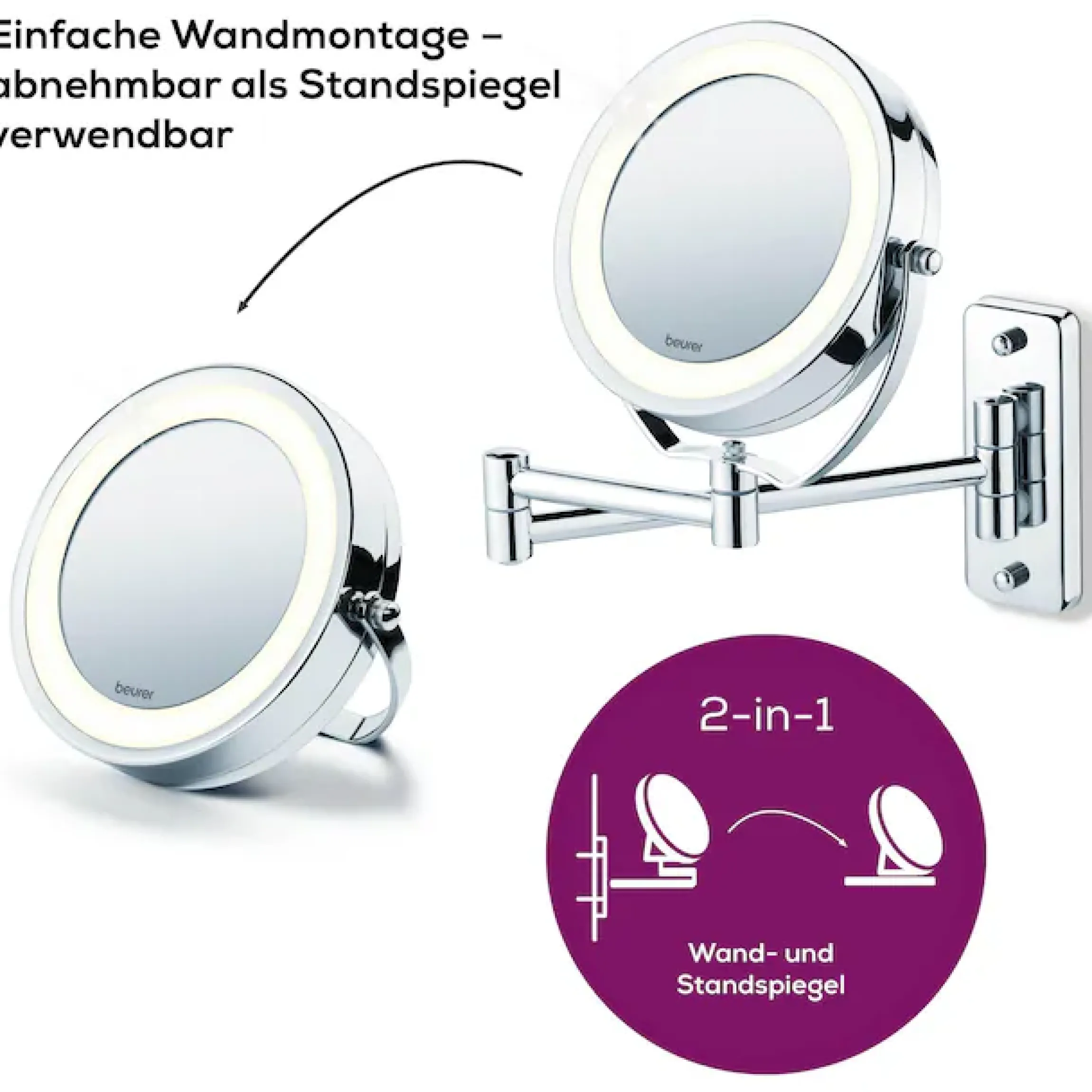 BEURER Kosmetikspiegel »BS 59 Kosmetikspiegel, inkl. Schrauben zur Wandmontage« Beleuchtung durch 12 LEDs, 5-fach Vergrößerung, 11 cm Spiegelfläche