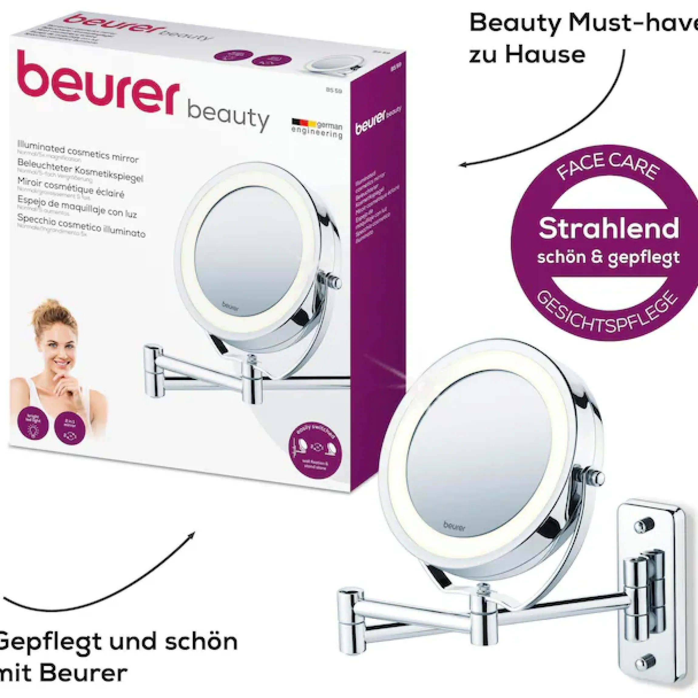 BEURER Kosmetikspiegel »BS 59 Kosmetikspiegel, inkl. Schrauben zur Wandmontage« Beleuchtung durch 12 LEDs, 5-fach Vergrößerung, 11 cm Spiegelfläche