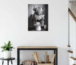Bönninghoff Leinwandbild »Wandbild HOCHLANDRIND AUF WC 46x61 cm – Leinwandbild Keilrahmen Deko« Hochlandrind | Humor | Kuh | Kuhbilder | Kühe | Schwarz-Weiß | Tiere 1 Stk. tlg. auf Keilrahmen gespannt
