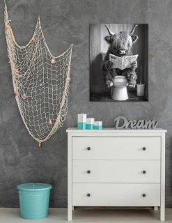 Bönninghoff Leinwandbild »Wandbild HOCHLANDRIND AUF WC 46x61 cm – Leinwandbild Keilrahmen Deko« Hochlandrind | Humor | Kuh | Kuhbilder | Kühe | Schwarz-Weiß | Tiere 1 Stk. tlg. auf Keilrahmen gespannt