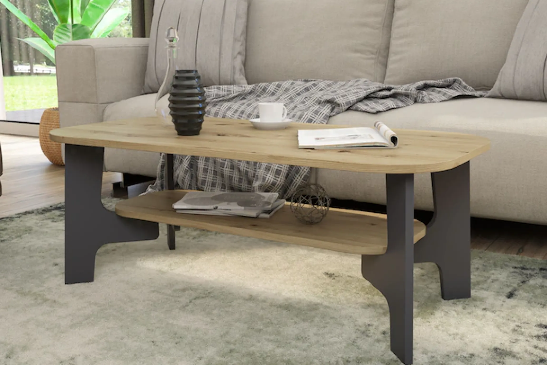 byLIVING Couchtisch »JONNY« Tischplatte Artisan Eiche o. Old Wood, Gestell anthrazit, Ablageboden