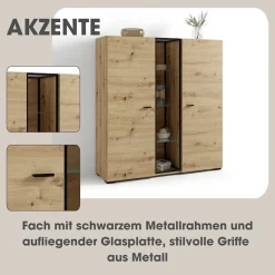 byLIVING Highboard »FRAME« Artisan Eiche, 9 Fächer, offene Fächer mit Glasböden im Metallrahmen