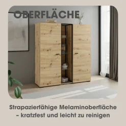 byLIVING Highboard »FRAME« Artisan Eiche, 9 Fächer, offene Fächer mit Glasböden im Metallrahmen