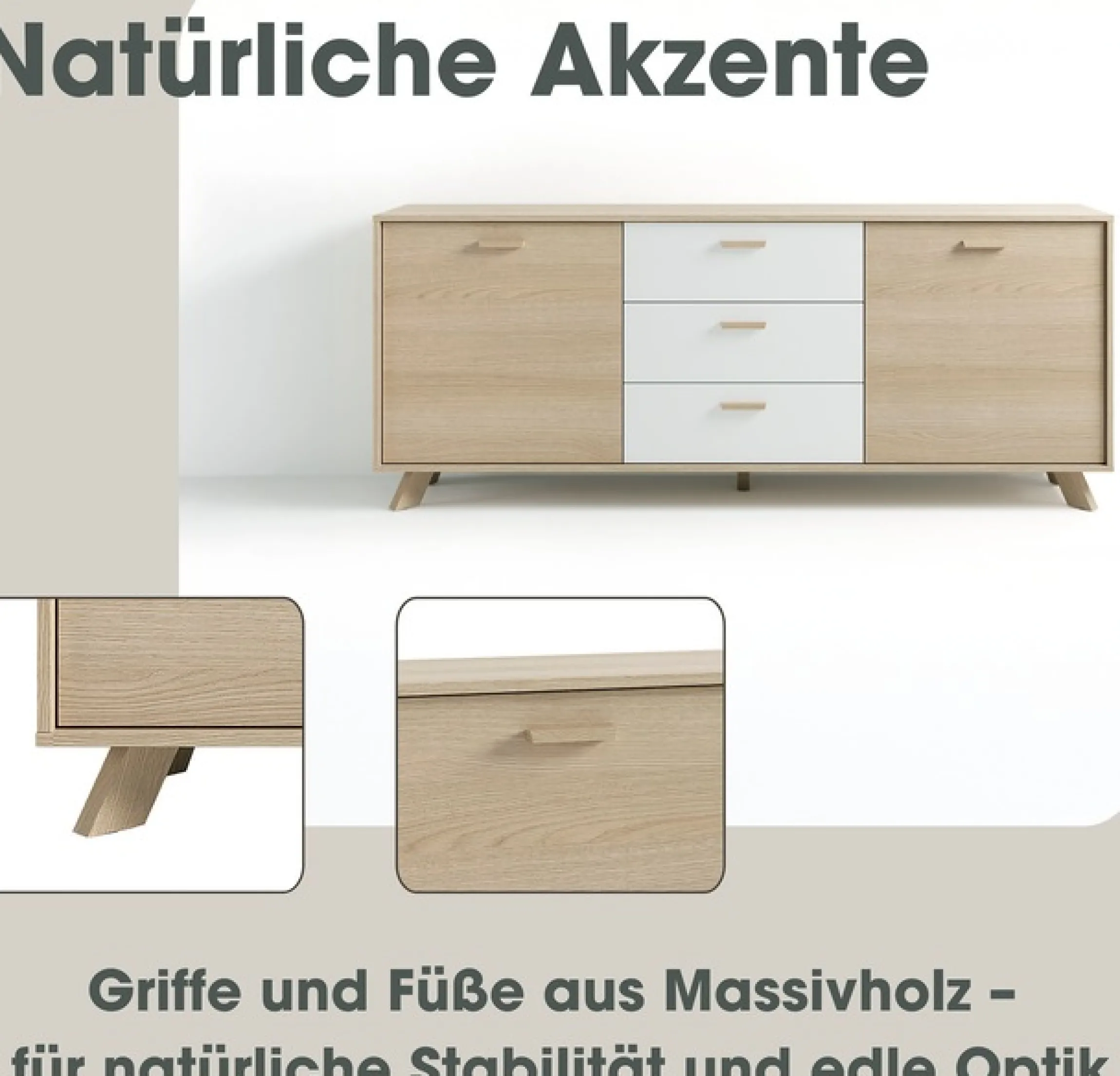 byLIVING Sideboard »Bastian« 1 Stk. tlg. mit massiven Holzfüßen und Griffen, natürlicher Eichenlook, 180cm