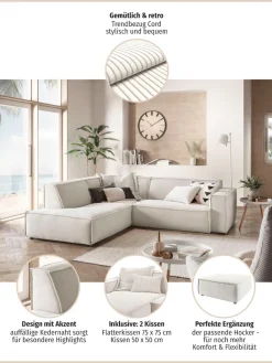 3C Candy Ecksofa »Matteo in elegant, kubischer Formensprache, bequem, L-Form« mit auffälliger Kedernaht, Cord-Bezug, Lounge-Charakter, OTTOs Choice