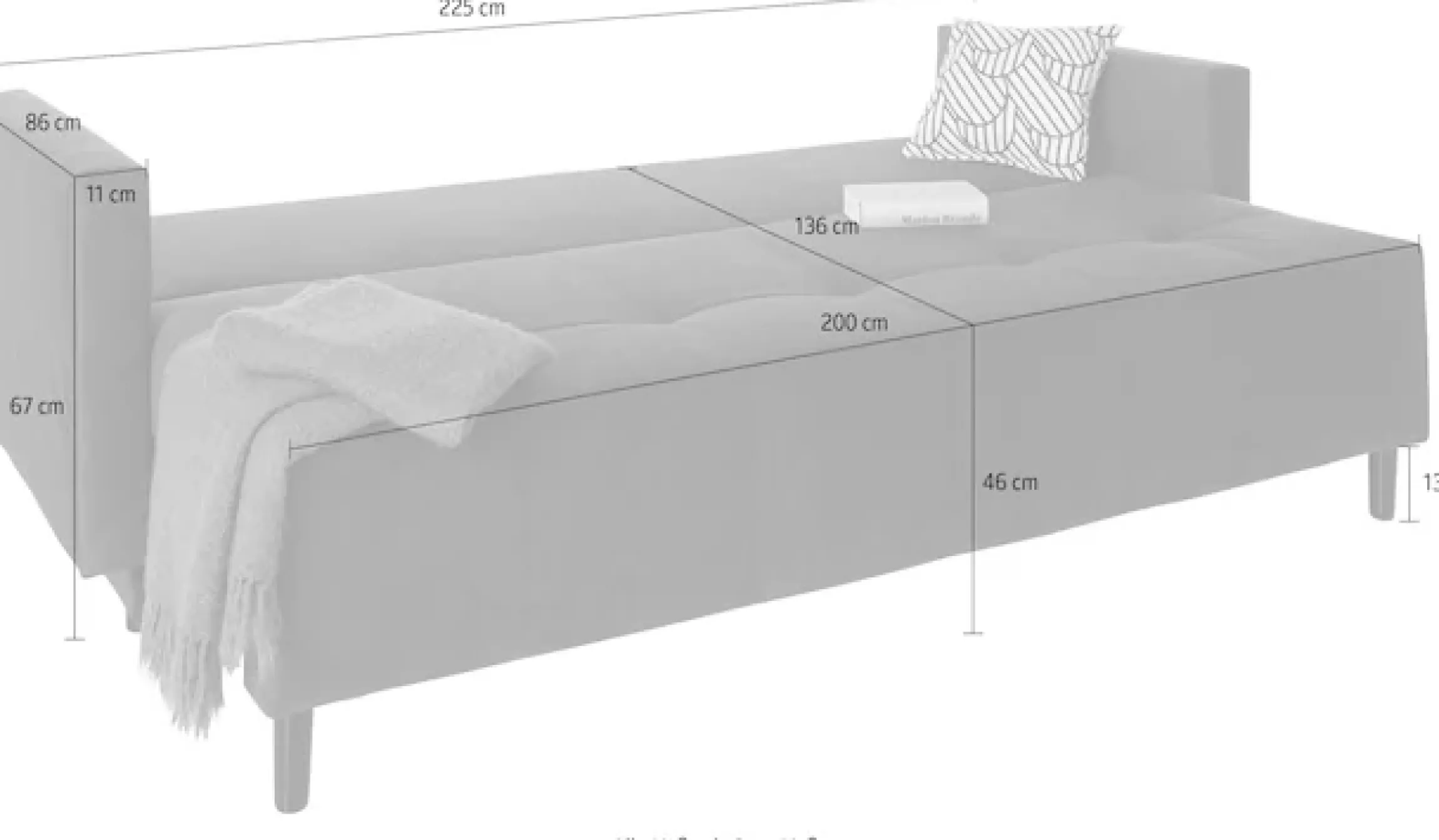 COLLECTION AB Schlafsofa »Solar, B: 225 cm, Liegel. 136x200 cm« Schlaffunktion, Bettkasten & 1 Zierkissen, Federkern