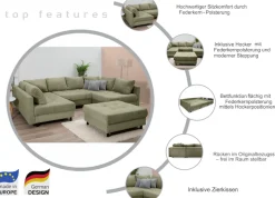 COLLECTION AB Wohnlandschaft »Toni U-Form, B: 298 cm, XXL-Liegefläche 282x178 cm mit Hocker« Set: Sofa & Hocker, 3 Zierkissen, Federkern