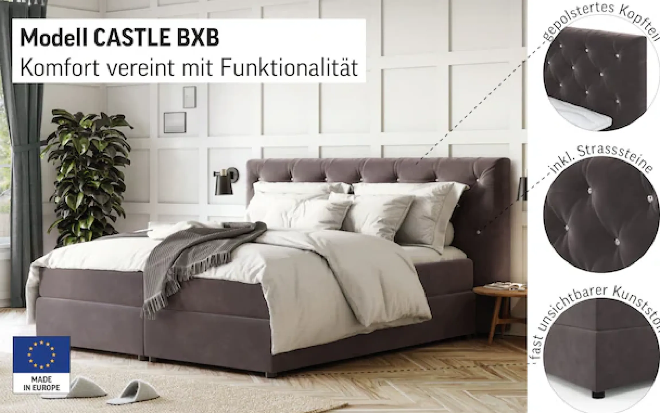 COTTA Boxspringbett »Castle« mit Strasssteinen im Kopfteil, inkl. Topper