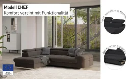 COTTA Ecksofa »Chef L-Form, B: 257cm, Leder, inkl. Kopfteilverstellung« optionale Schlaffunktion, moderne Metallkufen H 12cm, Wellenfederung