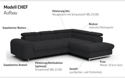 COTTA Ecksofa »Chef L-Form, B: 257cm, Leder, inkl. Kopfteilverstellung« optionale Schlaffunktion, moderne Metallkufen H 12cm, Wellenfederung
