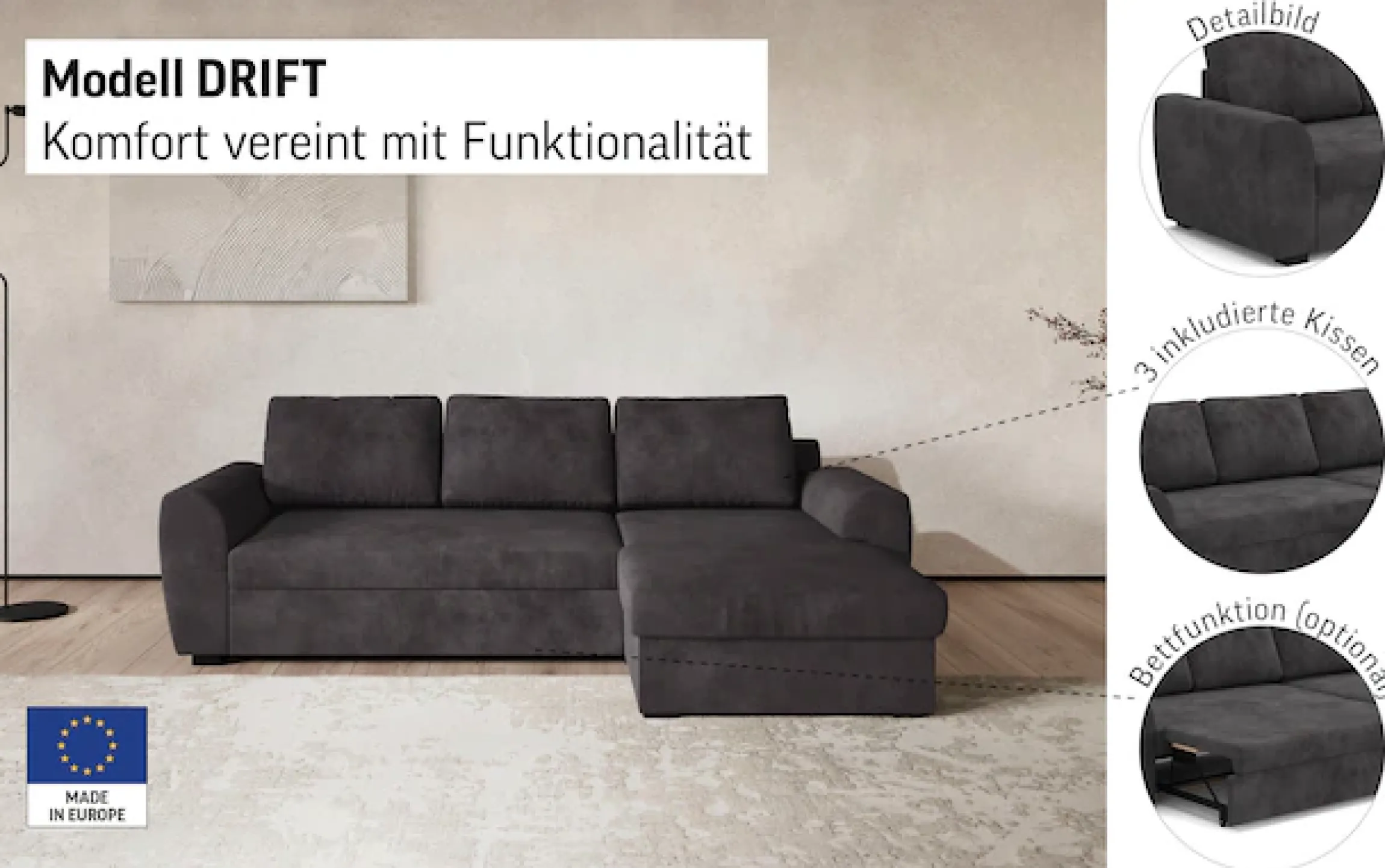 COTTA Ecksofa »Drift L-Form mit Recamiere, B: 253 cm« optional auch mit Schlaffunktion, Wellenunterfederung