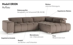 COTTA Ecksofa »Orion L-Form, B: 310 cm, moderne Steppung, bequeme Wellenunterfederung« Kopfteilverstellung & 5 Nierenkissen