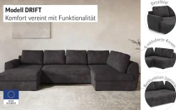 COTTA Wohnlandschaft »Drift U-Form Sofa mit Ottomane, B: 327 cm« optional auch mit Schlaffunktion, Wellenunterfederung