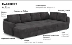 COTTA Wohnlandschaft »Drift U-Form Sofa mit Ottomane, B: 327 cm« optional auch mit Schlaffunktion, Wellenunterfederung