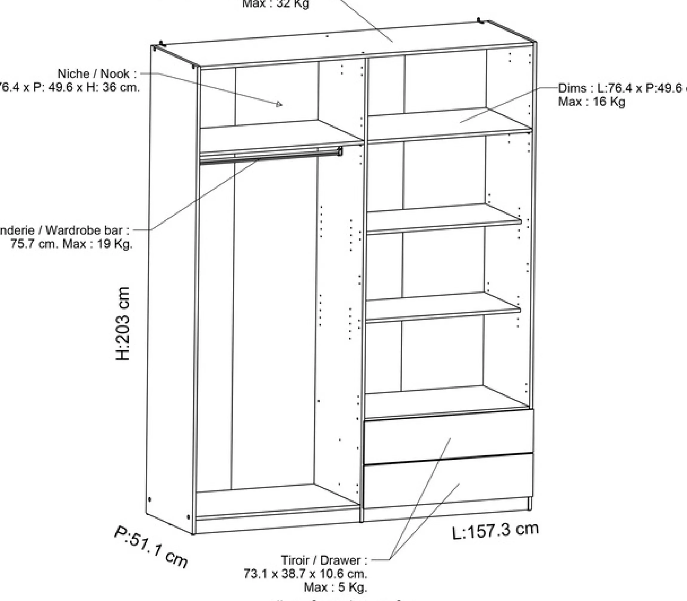 Demeyere GROUP Kleiderschrank »Ghost« Breite ca. 157cm,Höhe ca. 200cm,viel Stauraum,mit Innenaustattung