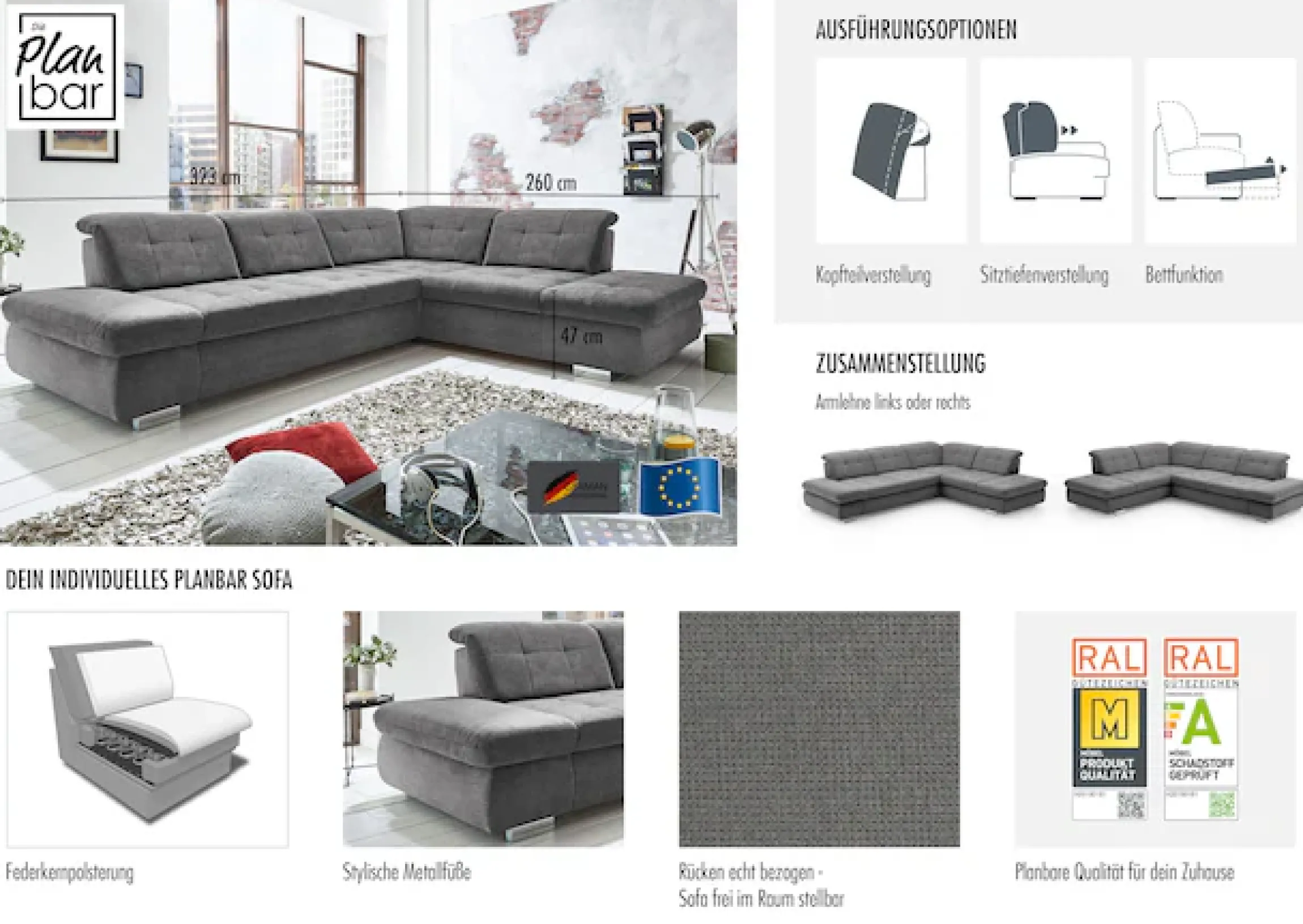 Die PlanBar Ecksofa »MP-IN17004 L-Form, Breite 323 cm, mit Federkern-Polsterung« inkl. Sitztiefenverstellung, wahlweise weitere Funktionen