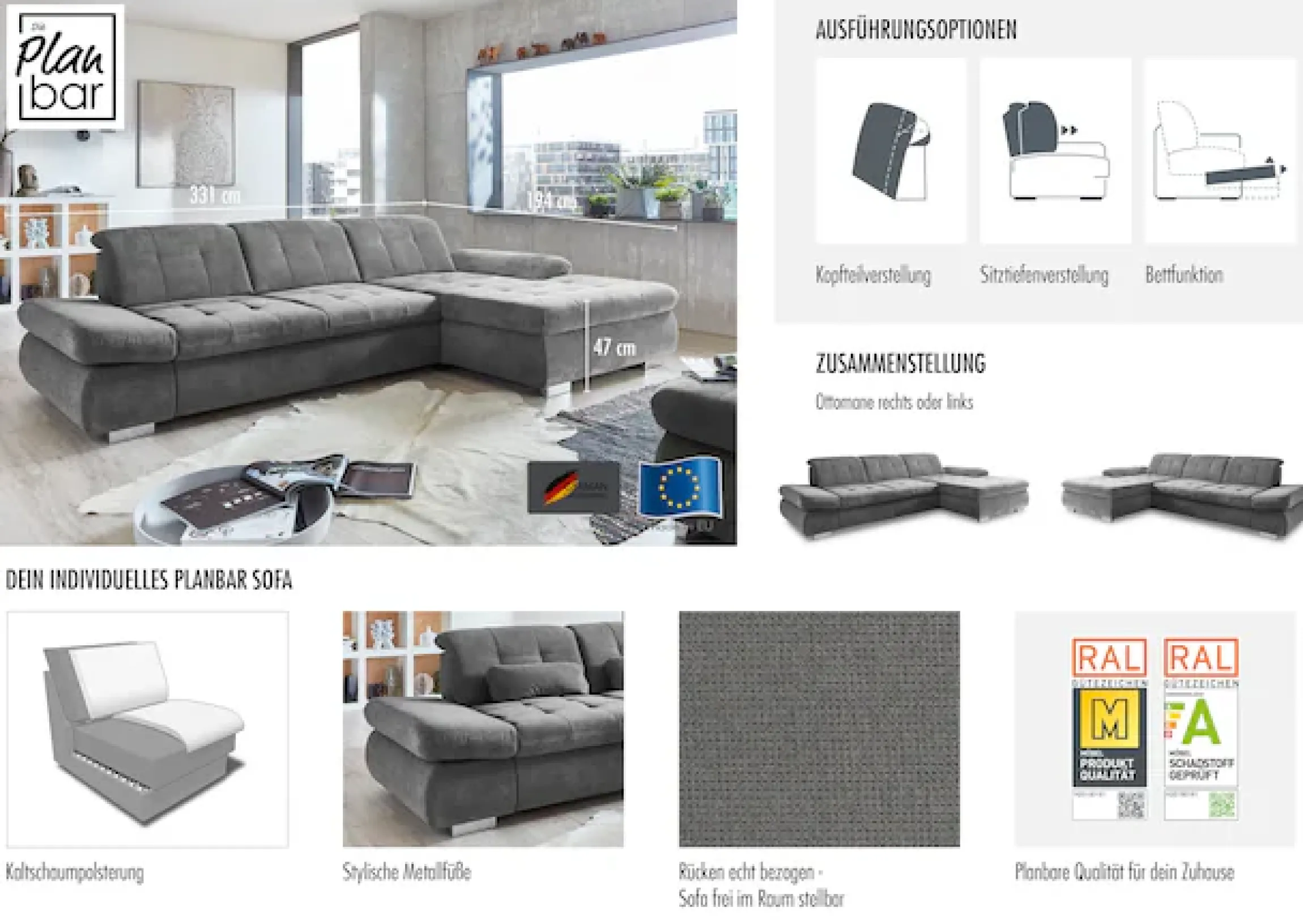 Die PlanBar Ecksofa »MP-IN17004 L-Form, Breite 331 cm, Kaltschaum-Polsterung« inkl. Sitztiefenverstellung, wahlweise weitere Funktionen
