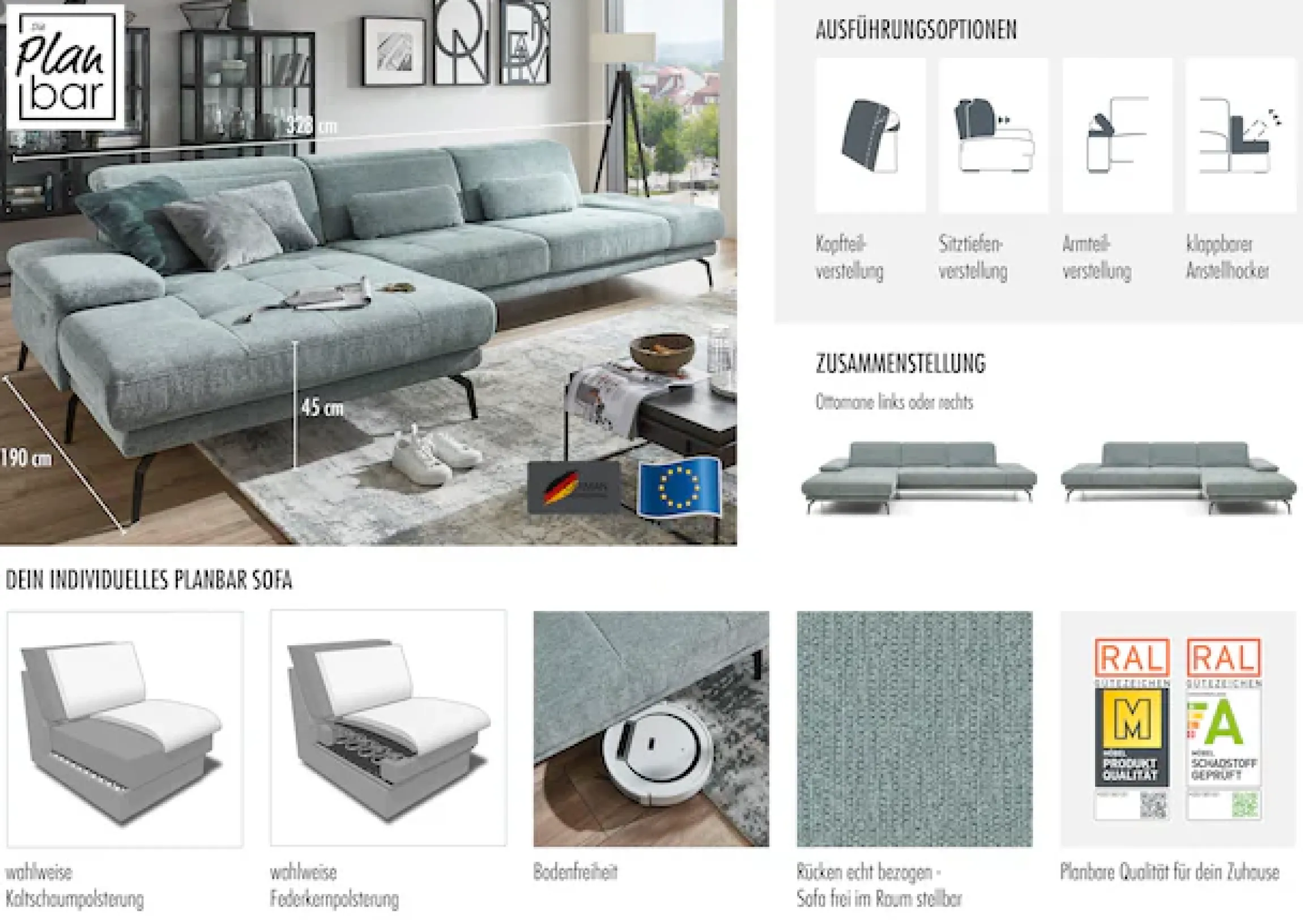 Die PlanBar Ecksofa »MP-IN20126 L-Form mit Federkern-Polsterung« mit Kopfteilverstellung, optional Sitztiefen- & Armteilverstellung