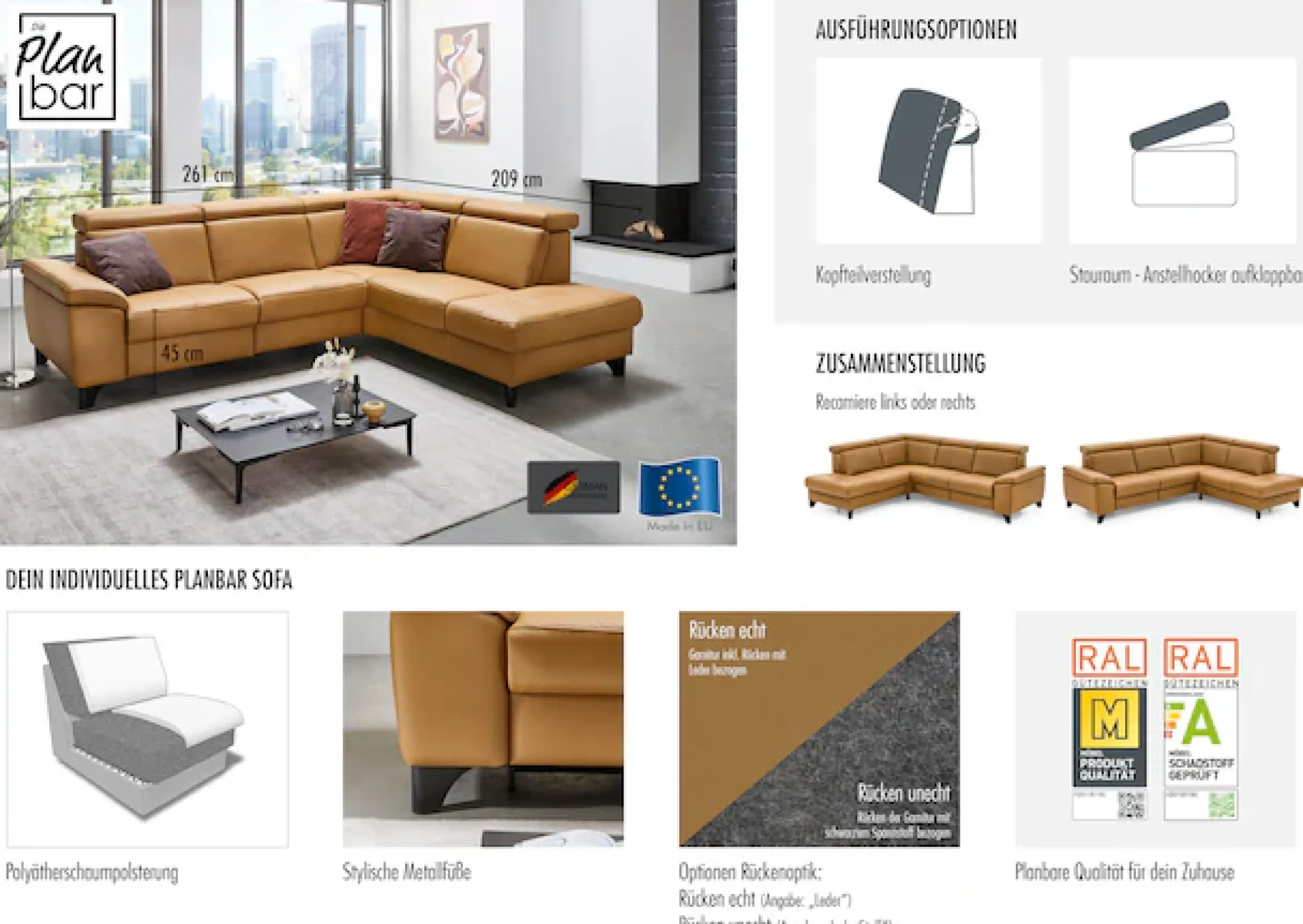 Die PlanBar Ecksofa »PN-EM23166 L-Form« optional mit Kopfteilverstellung und Stauraum