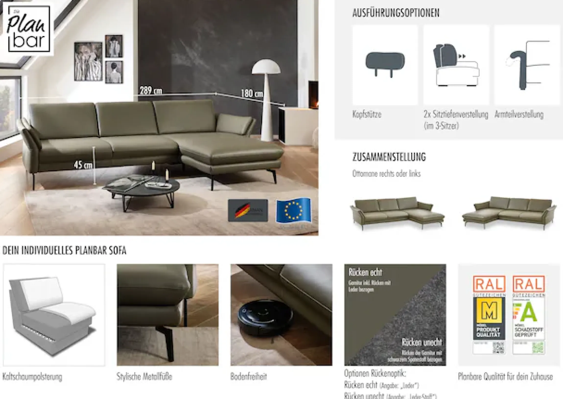 Die PlanBar Ecksofa »PN-EM23050, L-Form, Breite 289 cm, Leder, bis 120 kg belastbar« Optional mit Echtleder-Rücken, Kopfstütze, Sitz- und Armverstellung
