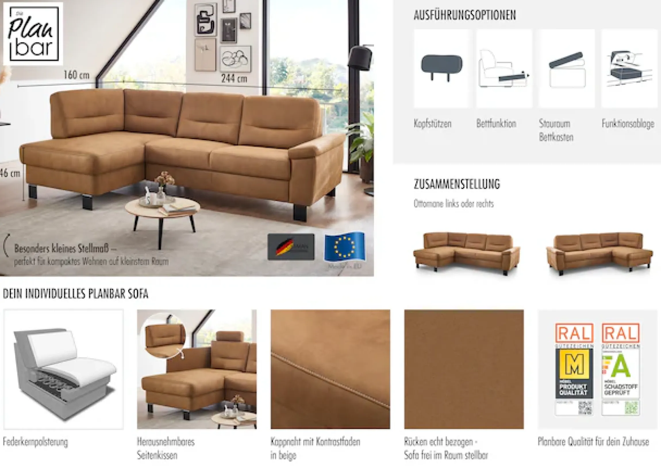 Die PlanBar Ecksofa »PP-PF23172 L-Form, Breite 244 cm« Eckgarnitur mit besonders kleinem Stellmaß ca. 160 x 244 cm