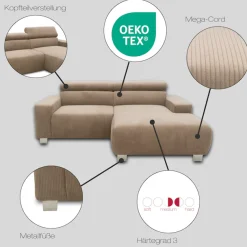 DOMO collection Ecksofa »100030 inkl. Kopfteilverstellung, guter Sitzkomfort, Cordbezug, L-Form« mit komfortabler Wellenunterfederung, ideal für kleine Räume