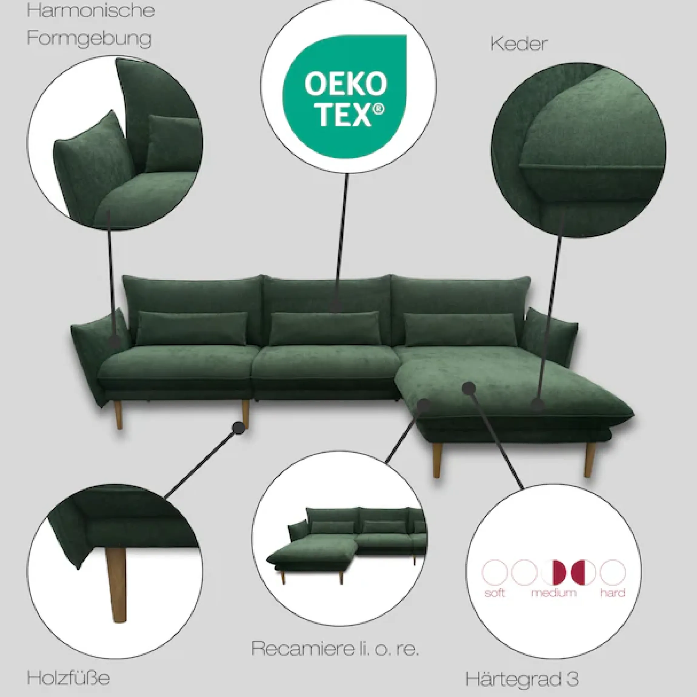 DOMO collection Ecksofa »Leuven modern mit schmalen Armlehnen, Breite 282 cm, L-Form« angenehm feste Polsterung, bodenfrei, 19 cm hohe Holzfüße