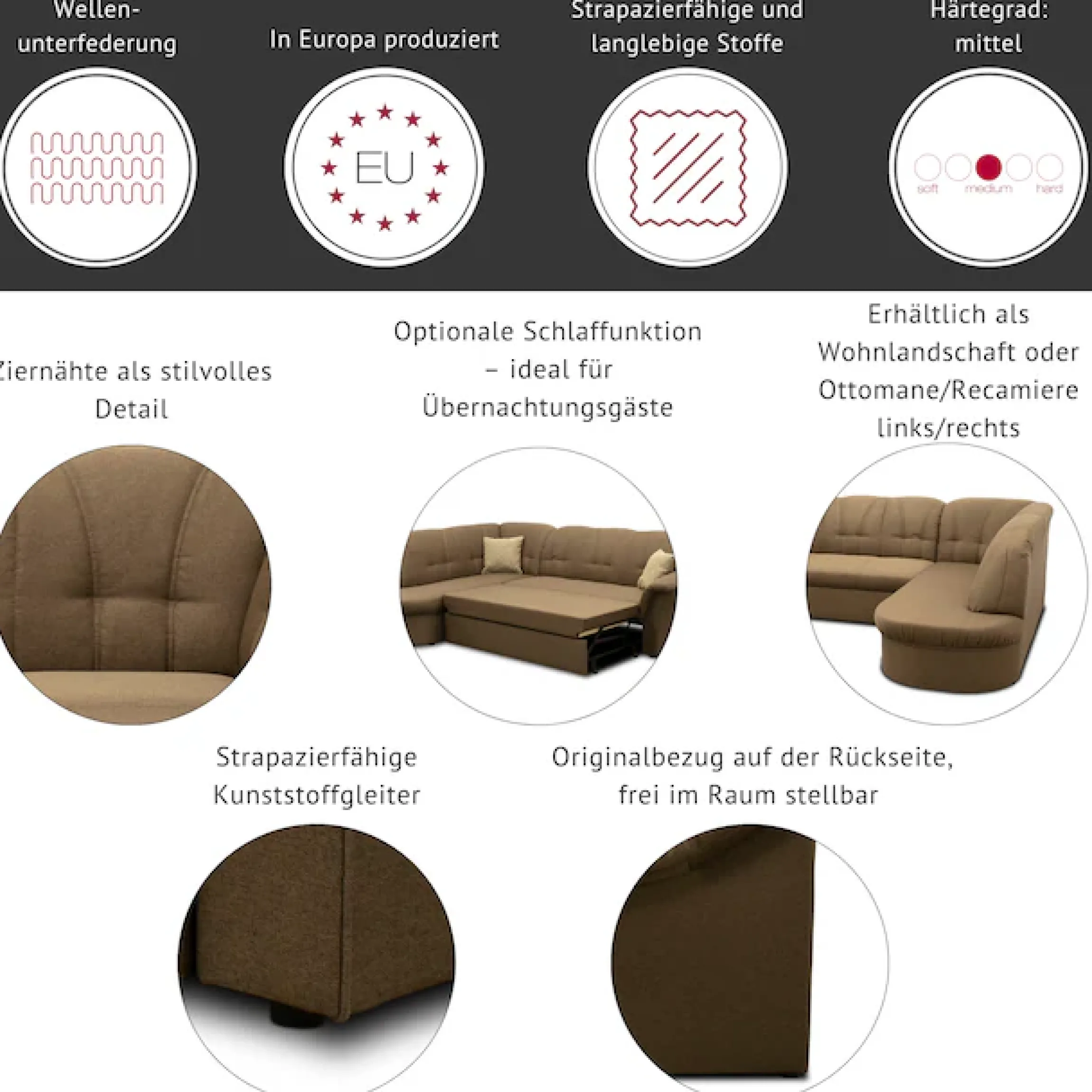 DOMO collection Ecksofa »Pegnitz, elegante Rückensteppung,komfortabel, Breite 238cm, L-Form« wahlweise mit Bettfunktion