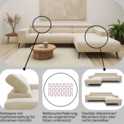 DOMO collection Ecksofa »Trento L-Form, mit Kufenfuß oder Einzelfuß« whlw. verstellbare Kopfteile, passend für gängige Saugroboter