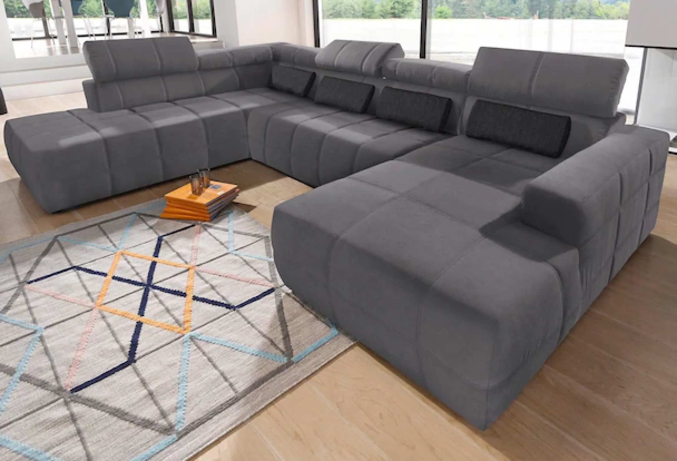 DOMO collection Wohnlandschaft »BRANDON whlw. mit Sitztiefenverstellung, whlw. Nierenkissen« ohne Sitztiefenverstellung, Luxus-Microfaser, dunkelgrau