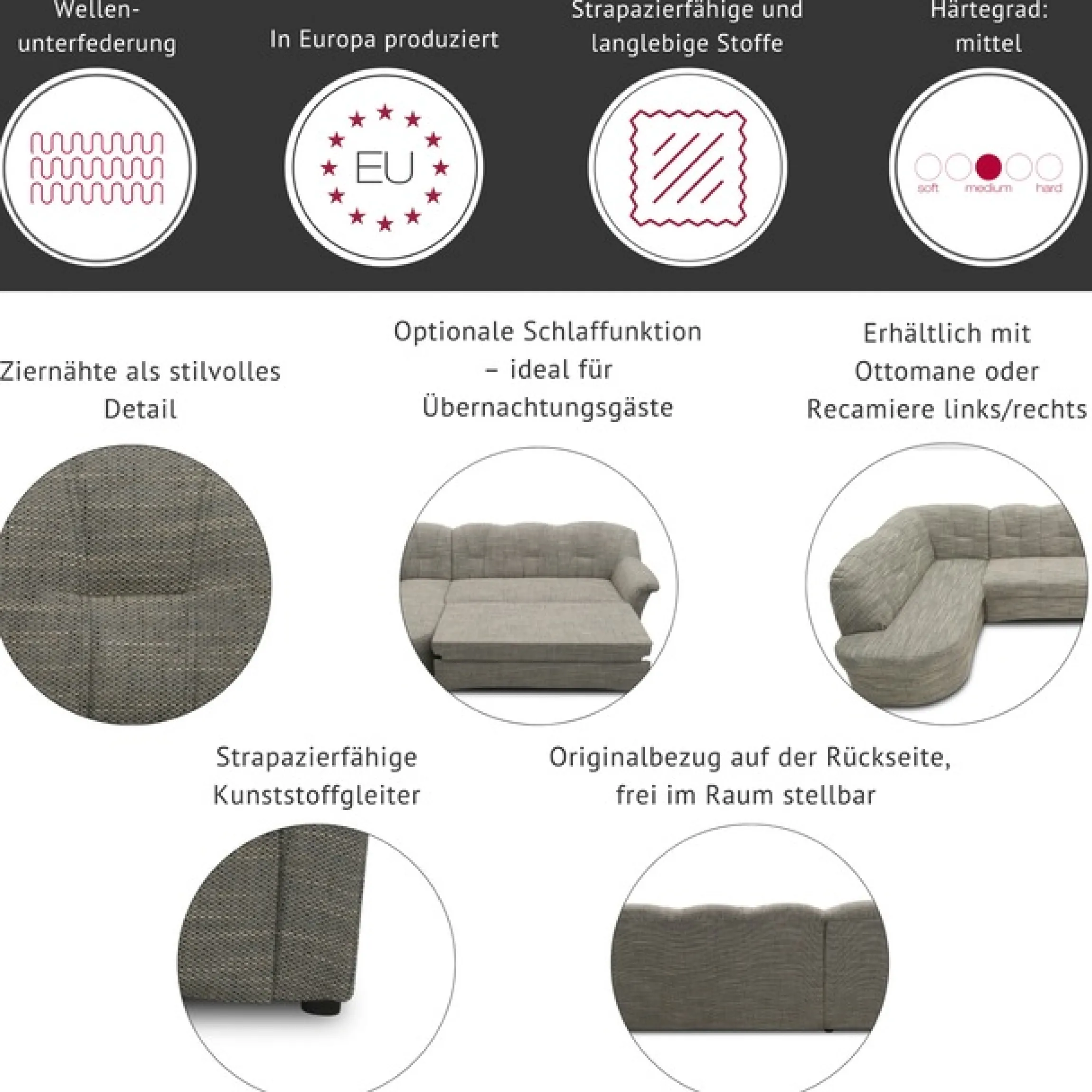 DOMO collection Wohnlandschaft »Papenburg, zeitlose Rückensteppung, bequem, U-Form, Breite 297cm« in großer Farbvielfalt, wahlweise mit Bettfunktion