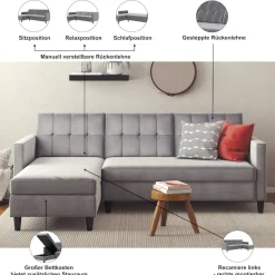 Dorel Home Ecksofa »Hartford II« mit Bettfunktion und Stauraum, Recamiere beidseitig montierbar